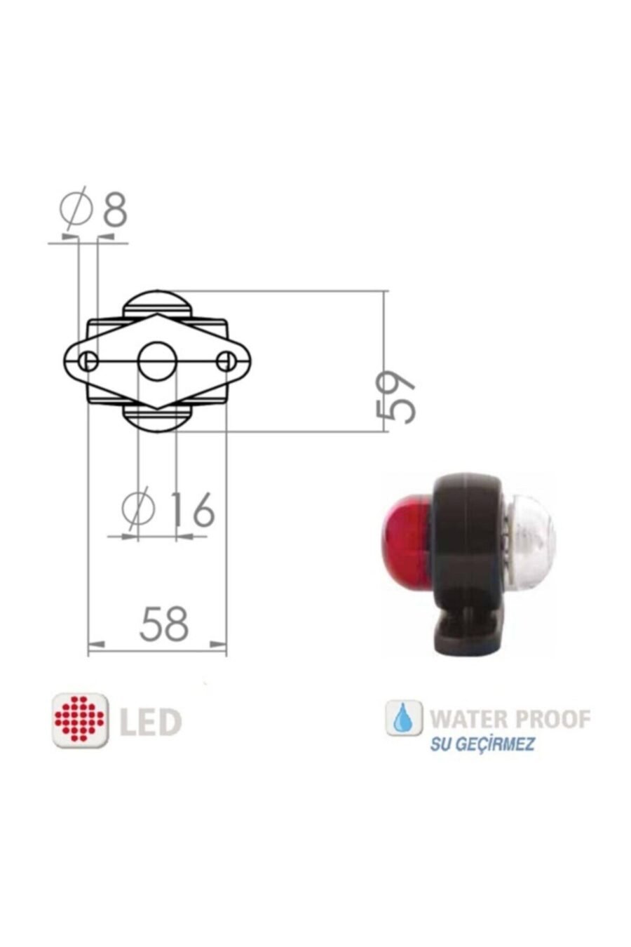 Tek Ledli Mini Takoz Lamba Kırmızı-beyaz (12v-24v)