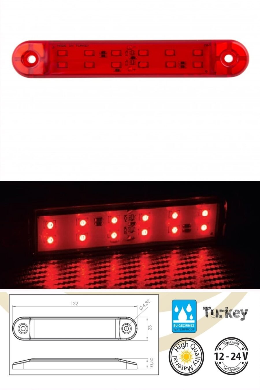 12 Led'li Çift Sıralı Lamba Takımı - Kırmızı (su Geçirmez)