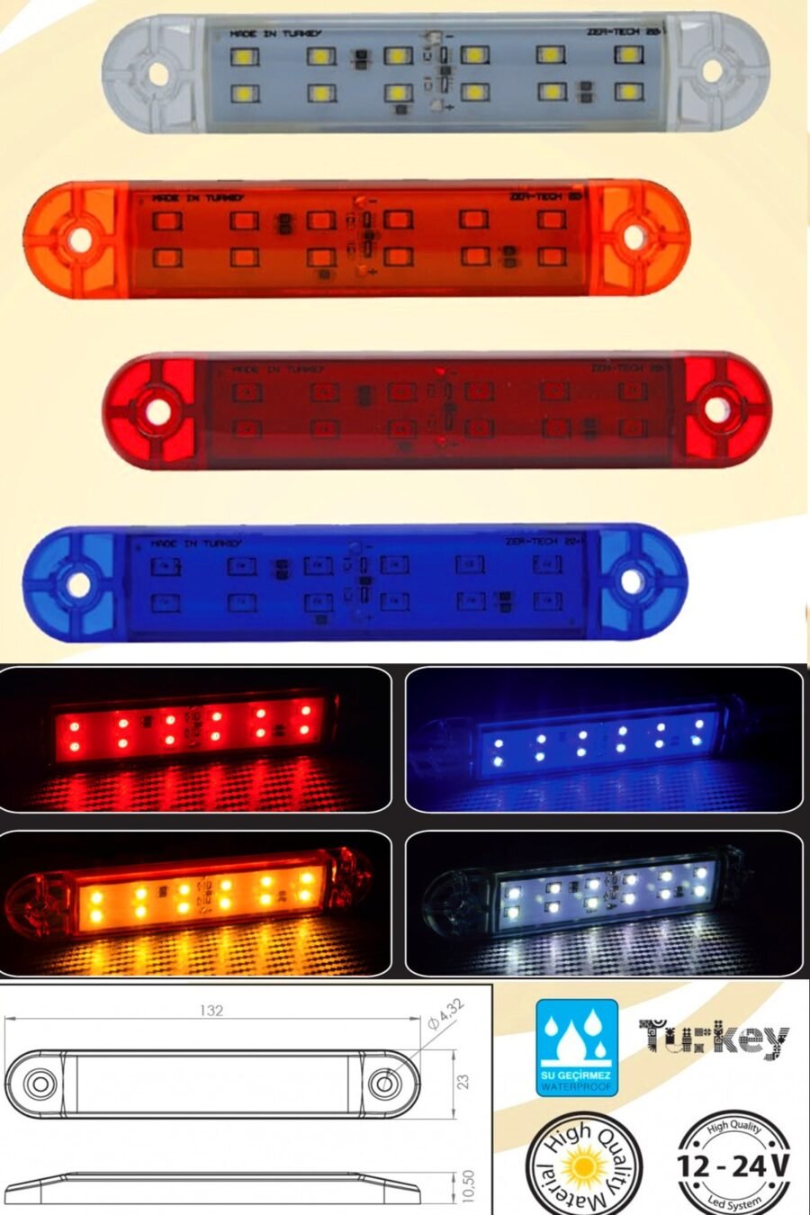 12 Led'li Çift Sıralı Lamba Takımı - Kırmızı (su Geçirmez)