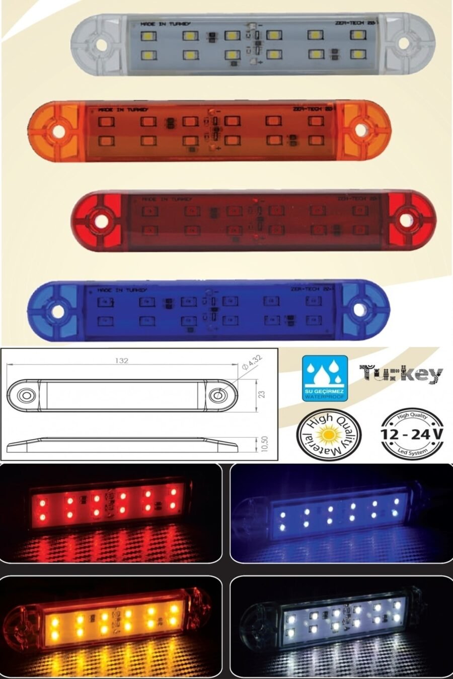 12 Led'li Çift Sıralı Lamba Takımı - Kırmızı (su Geçirmez)