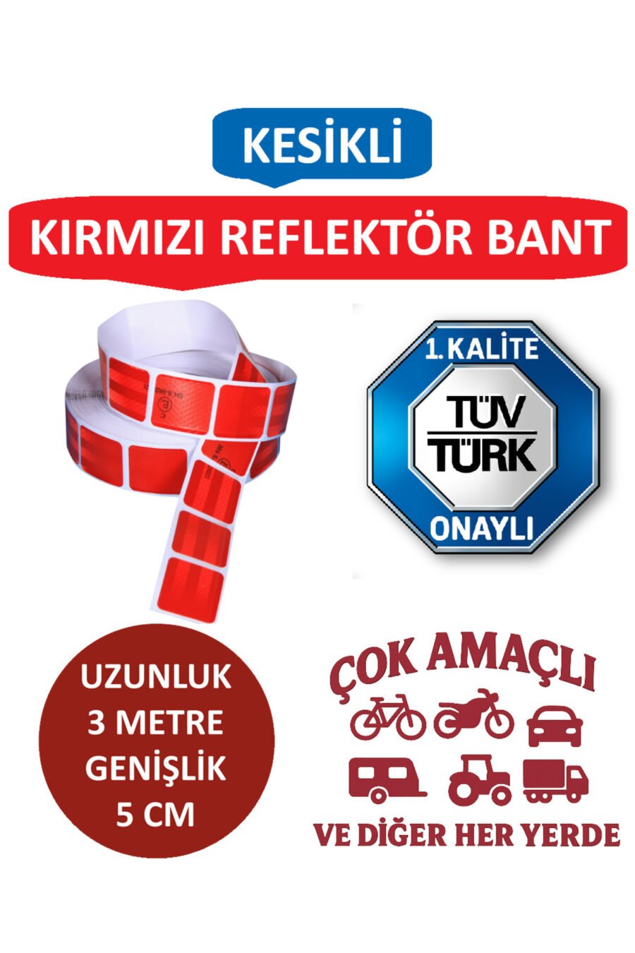 Reflektör Bant - Fosforlu Bant - Kırmızı - Tüvtürk Onaylı - 3 Metre - 5 Cm - Kesikli
