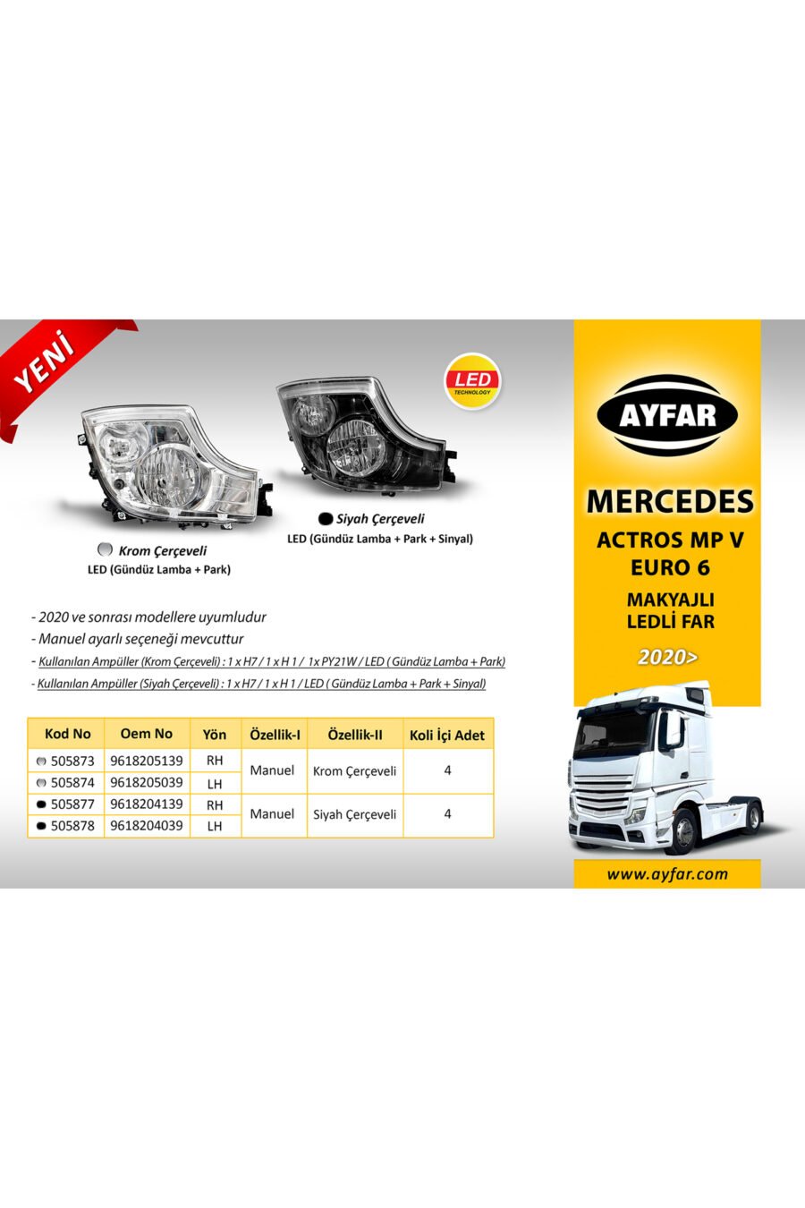 Mercedes Actros Mp Iv - Euro 6 Far Krom Çerçeveli Sağ Manuel - Led Drl Sağ,sol